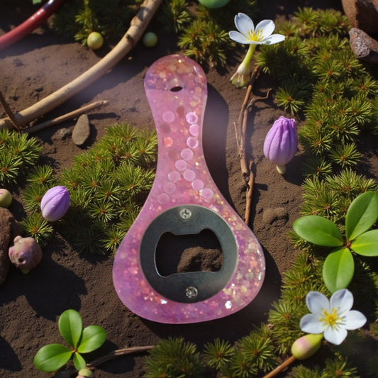 Pink glittery bottle opener on a natural background with plants and flowers
