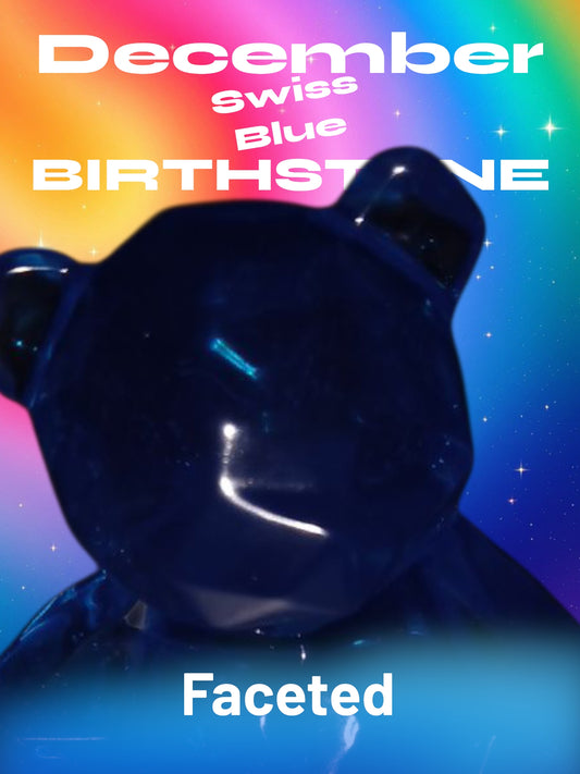Blue glass faceted object with 'December Swiss Blue Birthstone' text on a colorful gradient background
