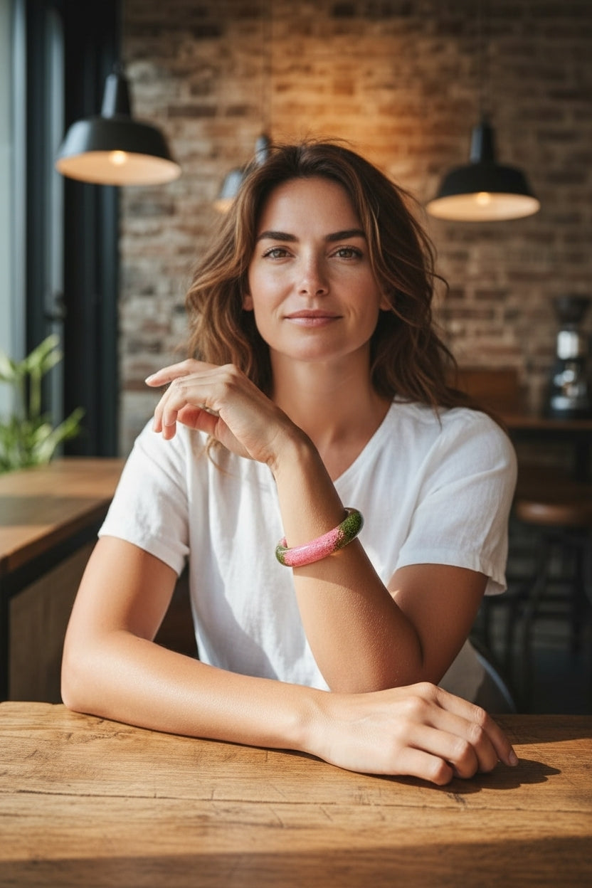 Woman sitting at a wooden table in a cozy indoor setting with brick walls and hanging lights.