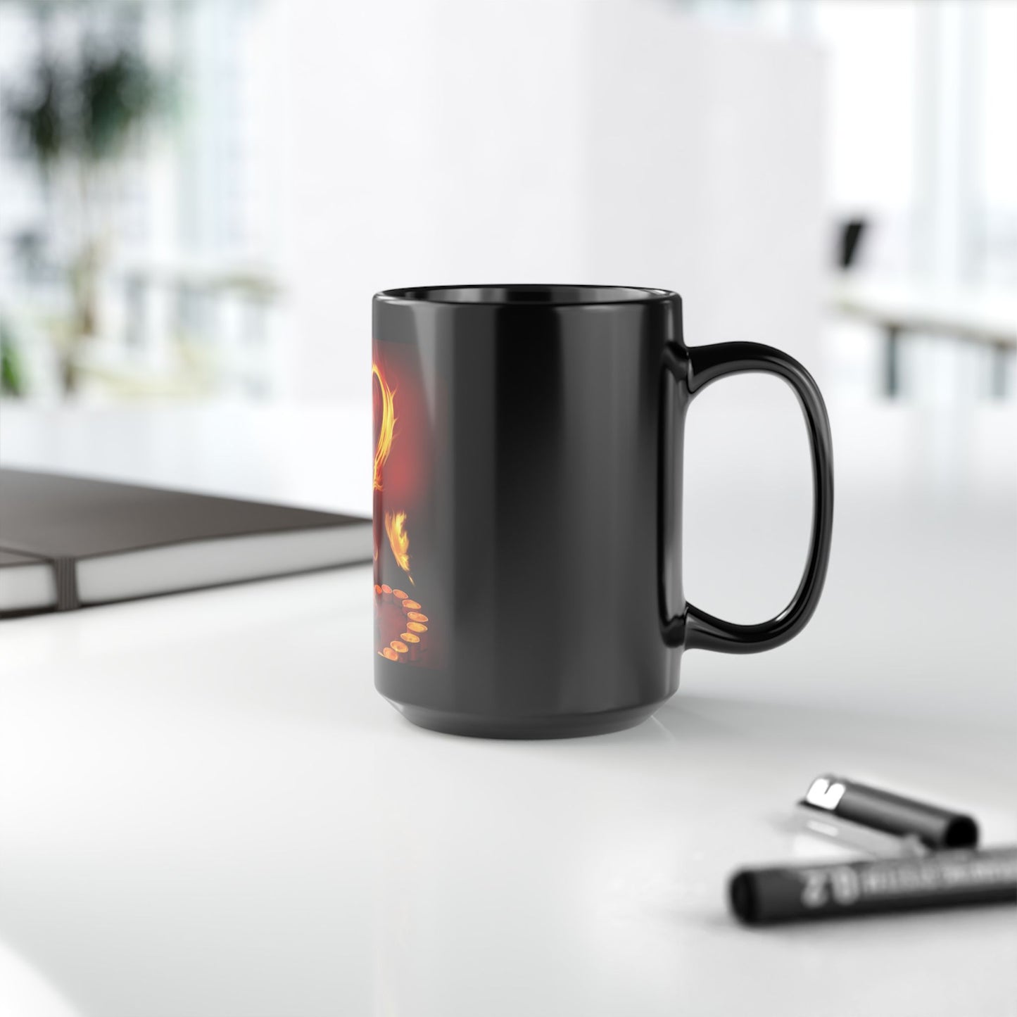 Flaming Heart Black Mug — Fiery Candlelight Love Coffee Cup (11oz/15oz)
