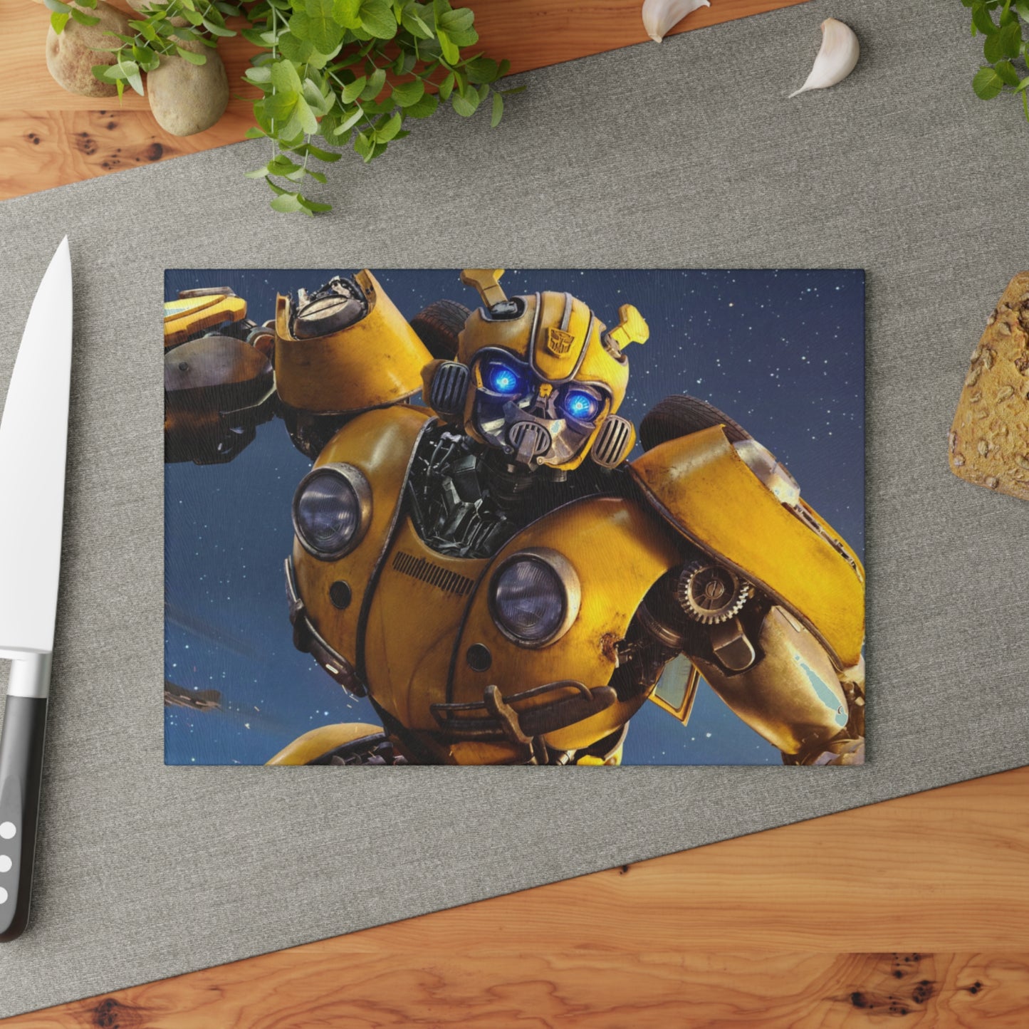 Bumblebee Transformer Glass Cutting Board – Sci‑Fi Kitchen Decor & Chopping Board