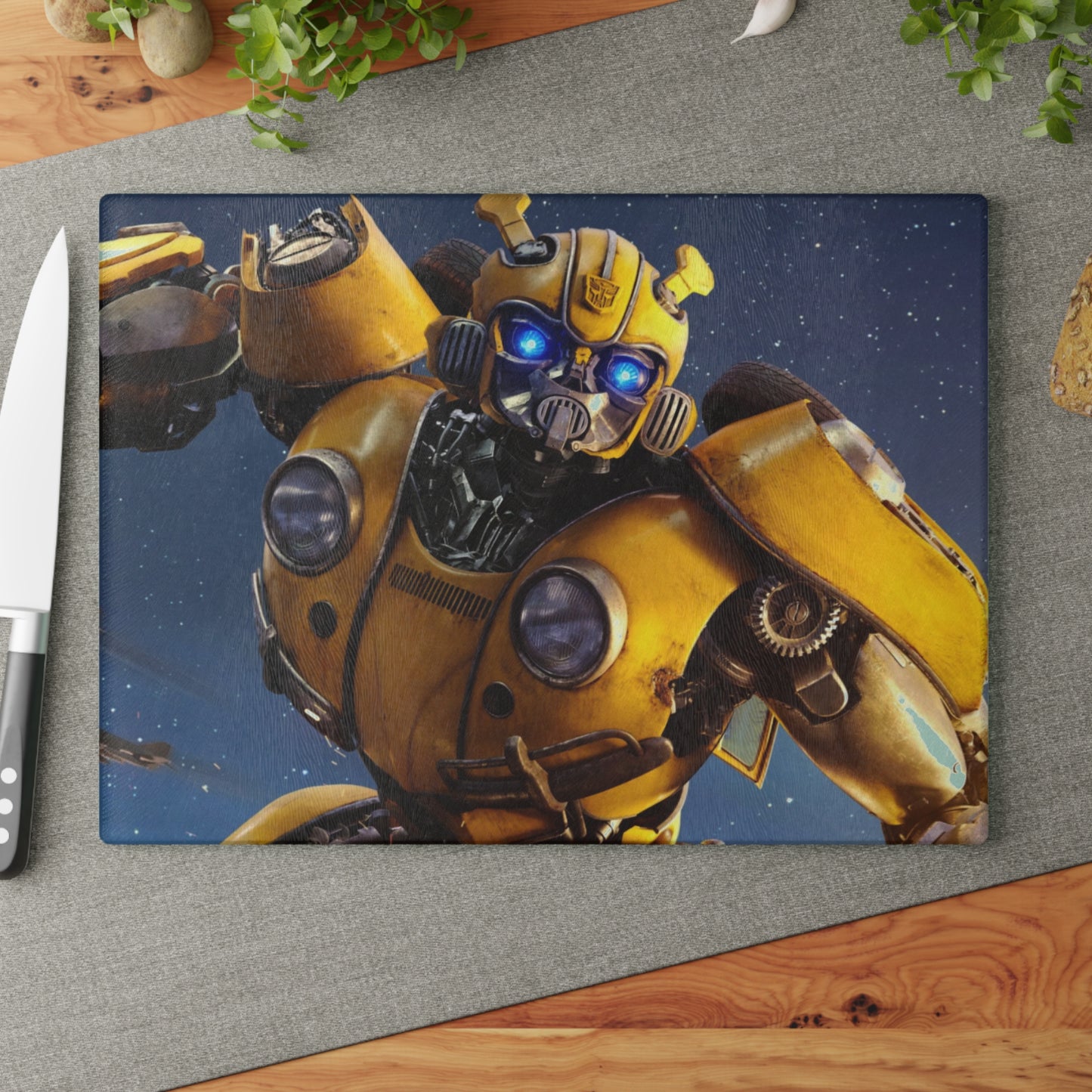 Bumblebee Transformer Glass Cutting Board – Sci‑Fi Kitchen Decor & Chopping Board