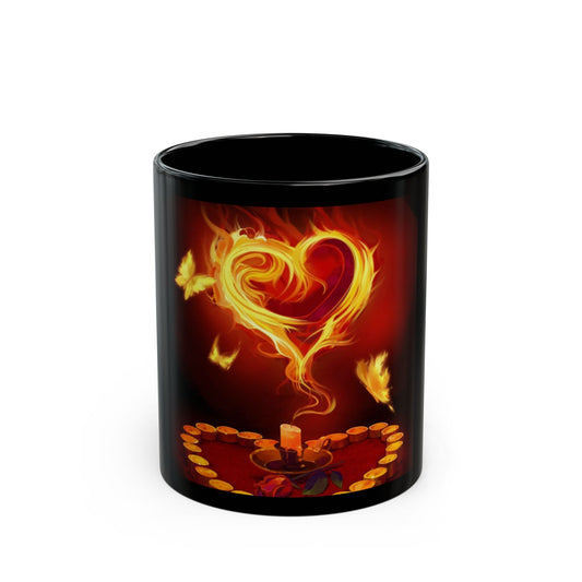 Flaming Heart Black Mug — Fiery Candlelight Love Coffee Cup (11oz/15oz)