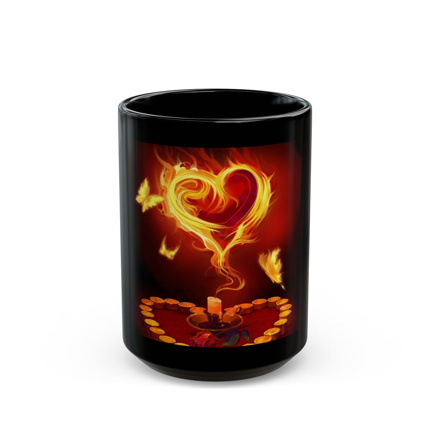 Flaming Heart Black Mug — Fiery Candlelight Love Coffee Cup (11oz/15oz)