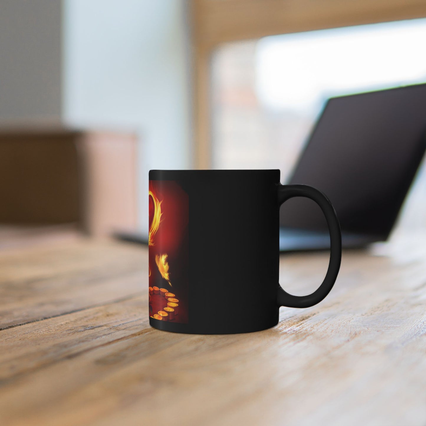 Flaming Heart Black Mug — Fiery Candlelight Love Coffee Cup (11oz/15oz)