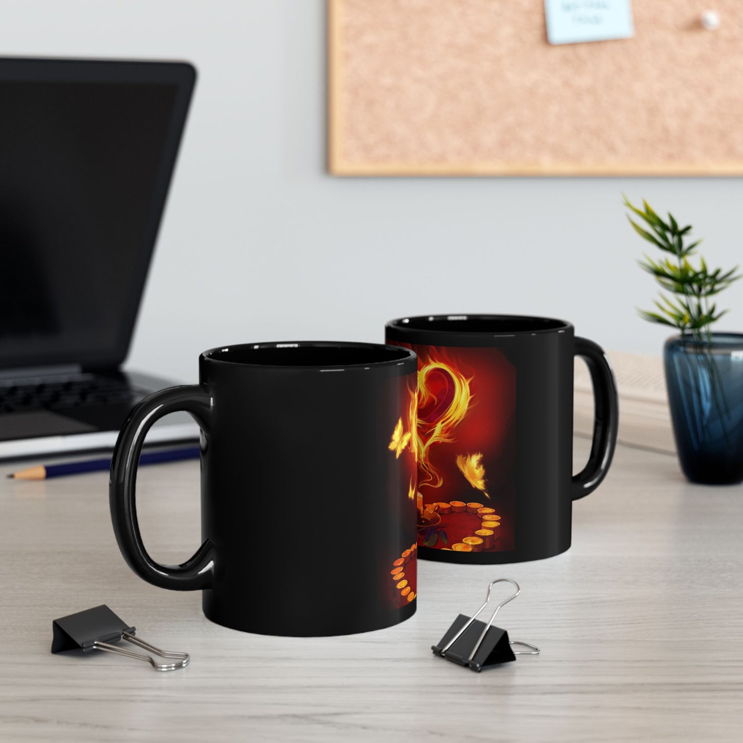 Flaming Heart Black Mug — Fiery Candlelight Love Coffee Cup (11oz/15oz)
