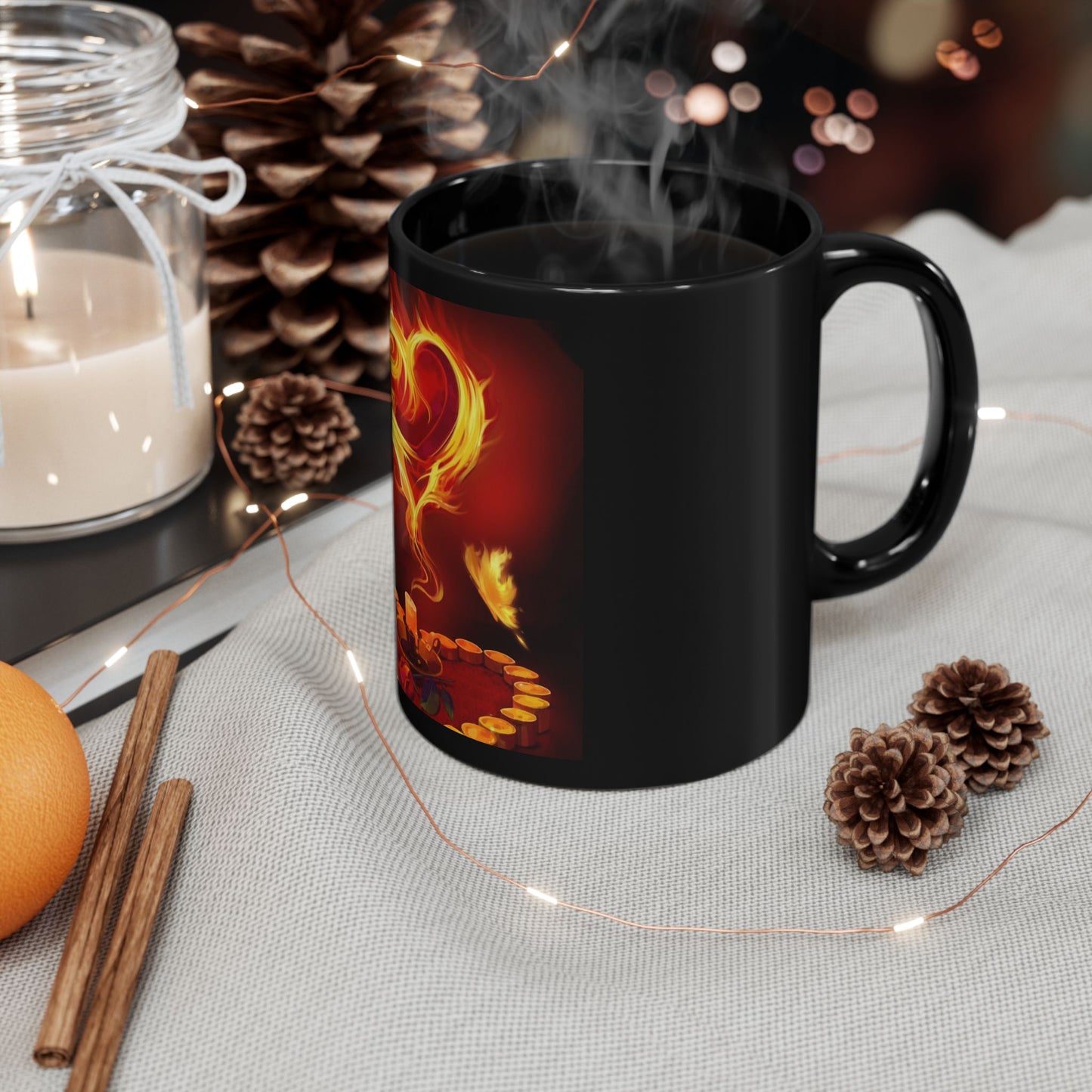 Flaming Heart Black Mug — Fiery Candlelight Love Coffee Cup (11oz/15oz)