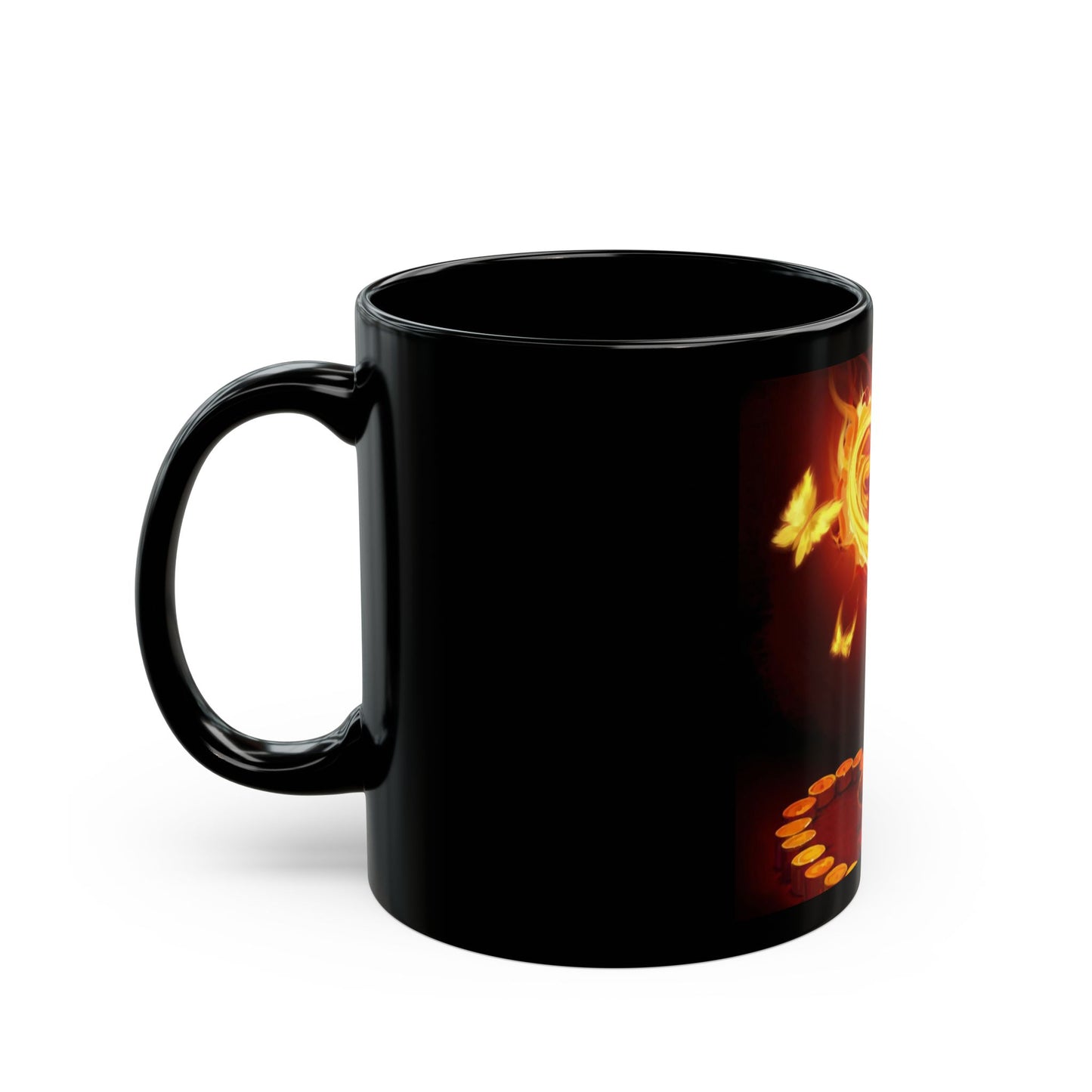 Flaming Heart Black Mug — Fiery Candlelight Love Coffee Cup (11oz/15oz)