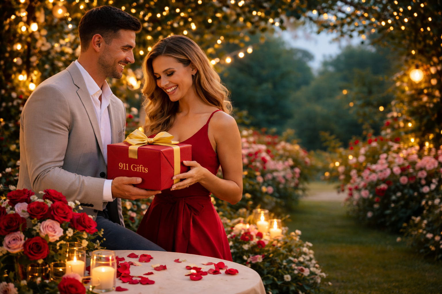 Couple exchanging gifts in a romantic outdoor setting with flowers and candles.