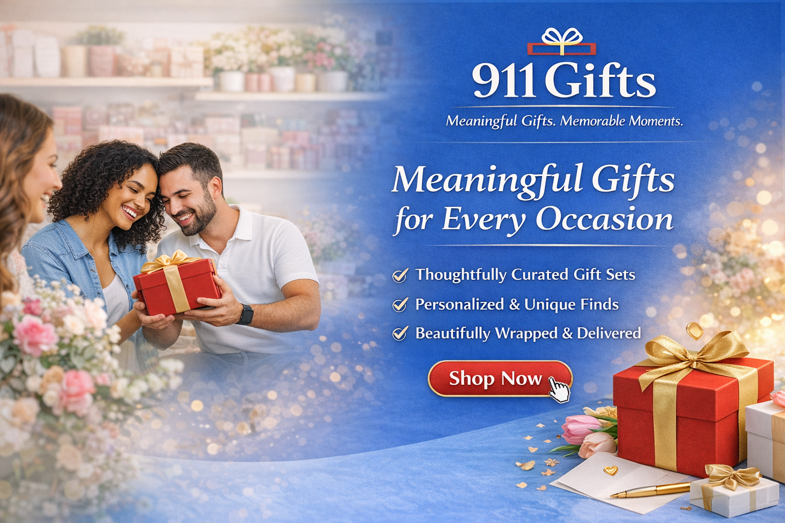 Advertisement for 911 Gifts featuring a couple opening a gift with decorative elements and text about their services.