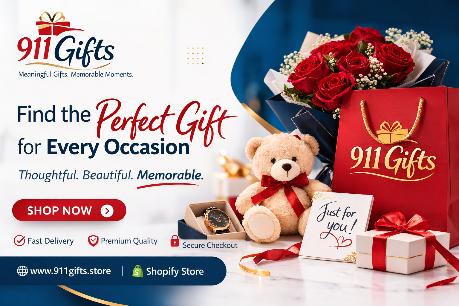 Promotional image for 911 Gifts with a teddy bear, flowers, and gift box on a white background.