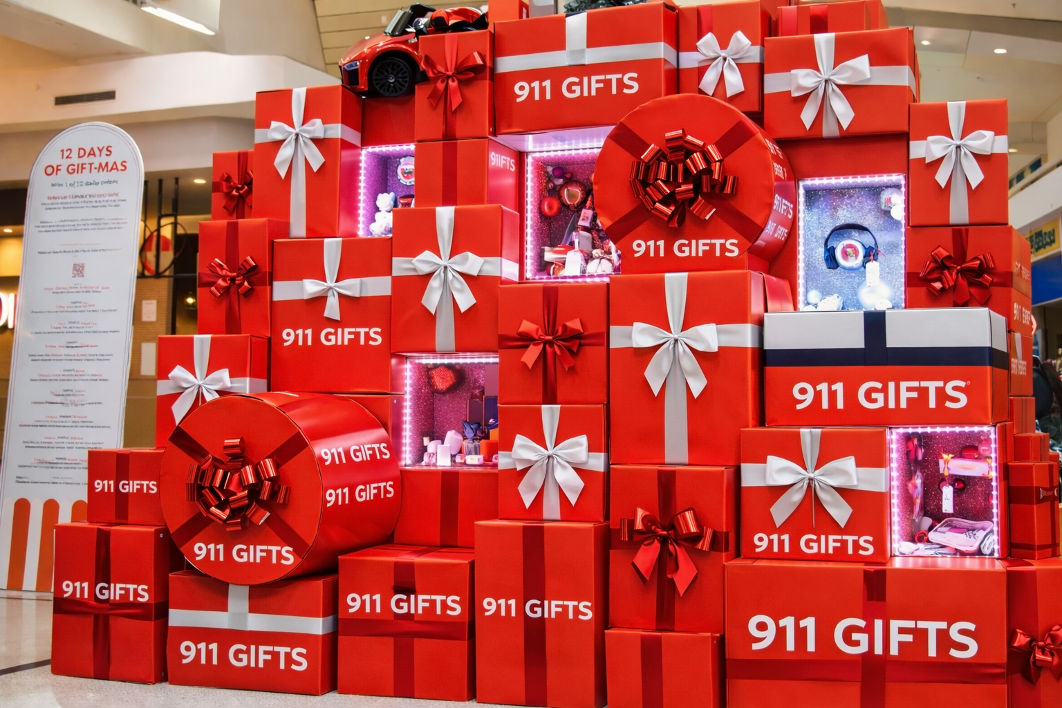 Red gift boxes with '911 Gifts' branding in a store setting