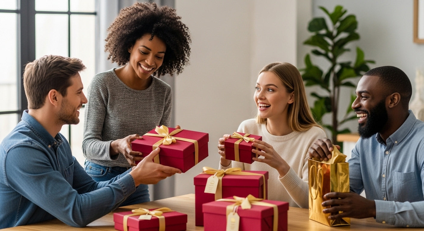 Four people exchanging gifts in a bright room with plants