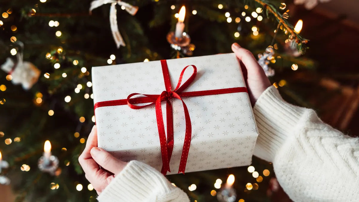 Person holding a wrapped gift with a red ribbon in front of a decorated Christmas tree.