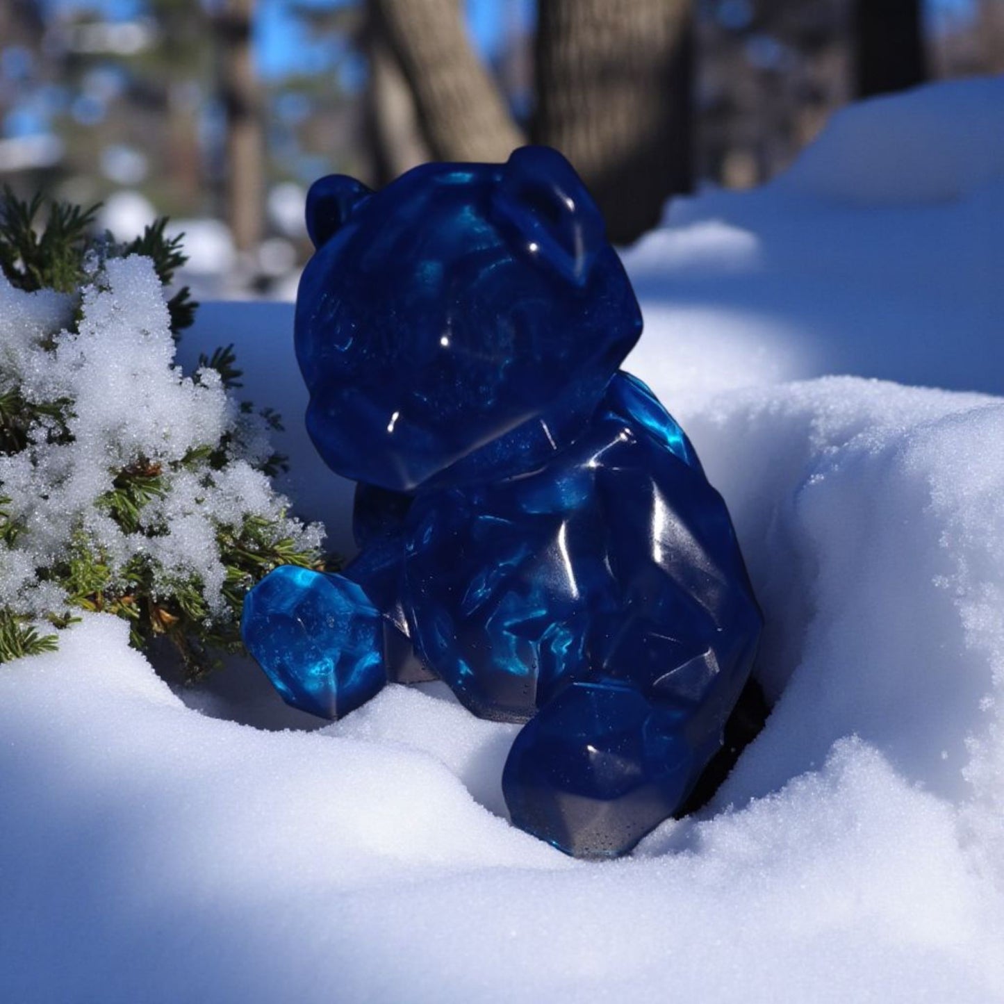 Blue gummy bear toy in the snow with a blurred background