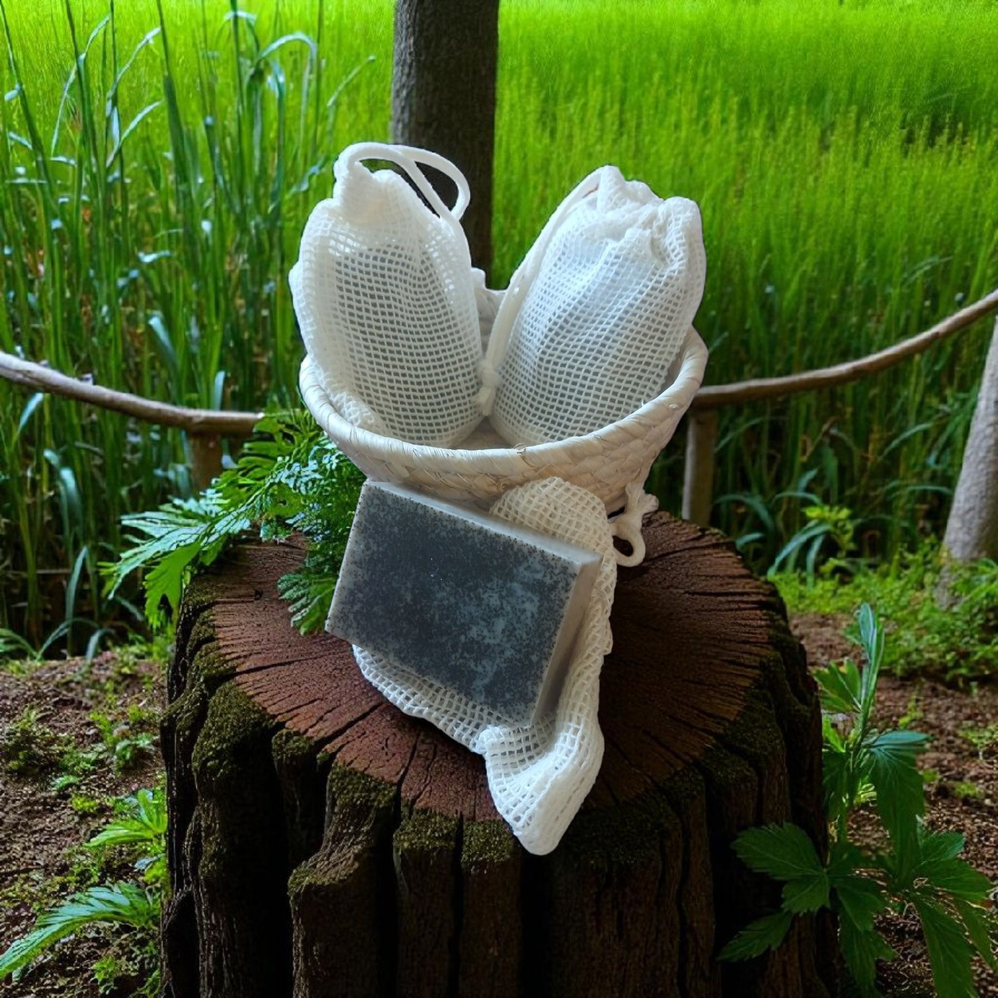 White mesh bag with a gray stone on a wooden stump in a natural setting