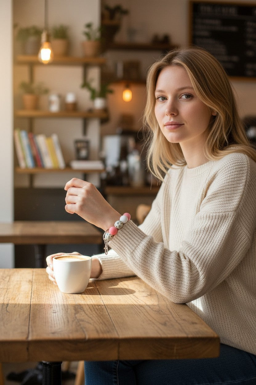 Woman sitting at a wooden table in a cozy cafe, holding a cup.