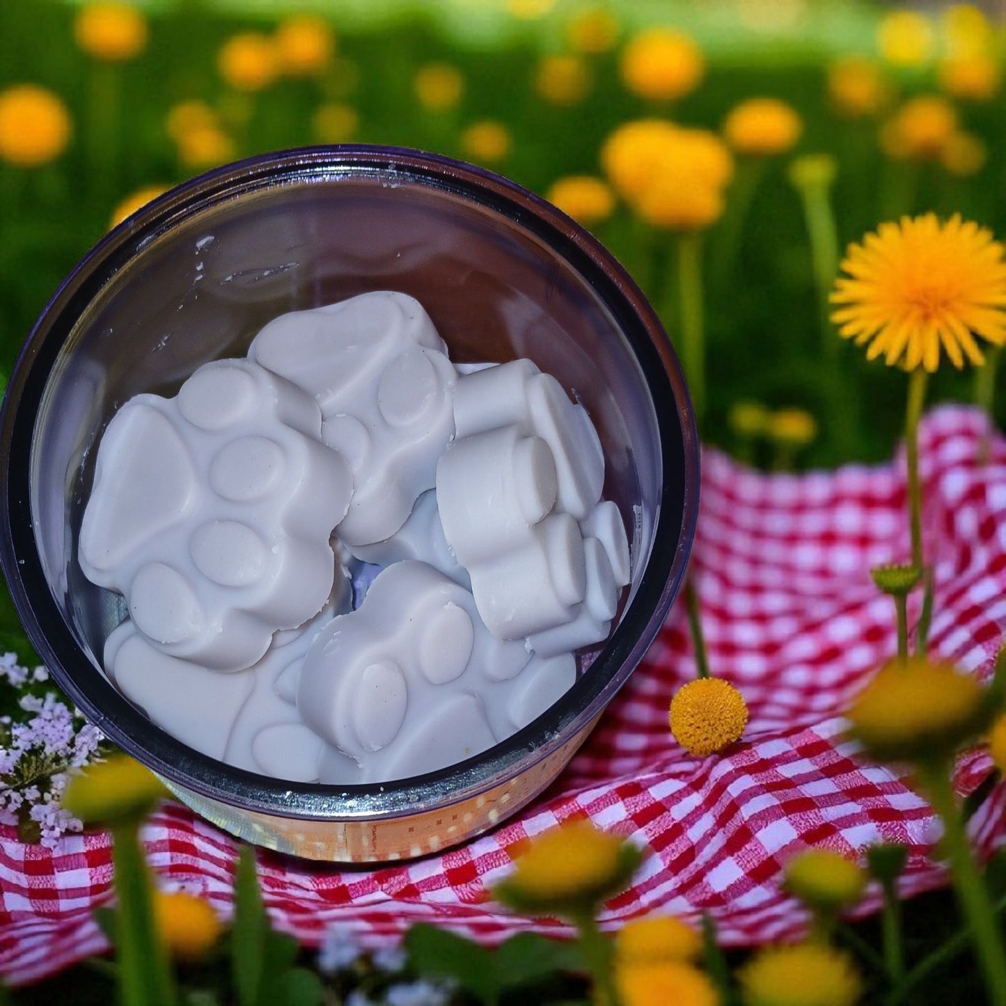 Container of white gummy bears on a red and white checkered blanket with yellow flowers in the background