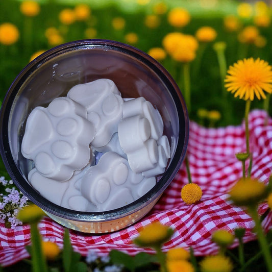 Container of white gummy bears on a red and white checkered blanket with yellow flowers in the background