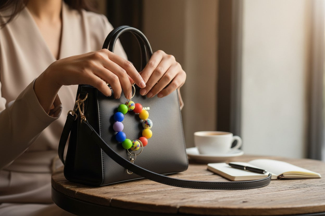 Person holding a black handbag with colorful beads, sitting at a table with a cup of coffee and notebook.