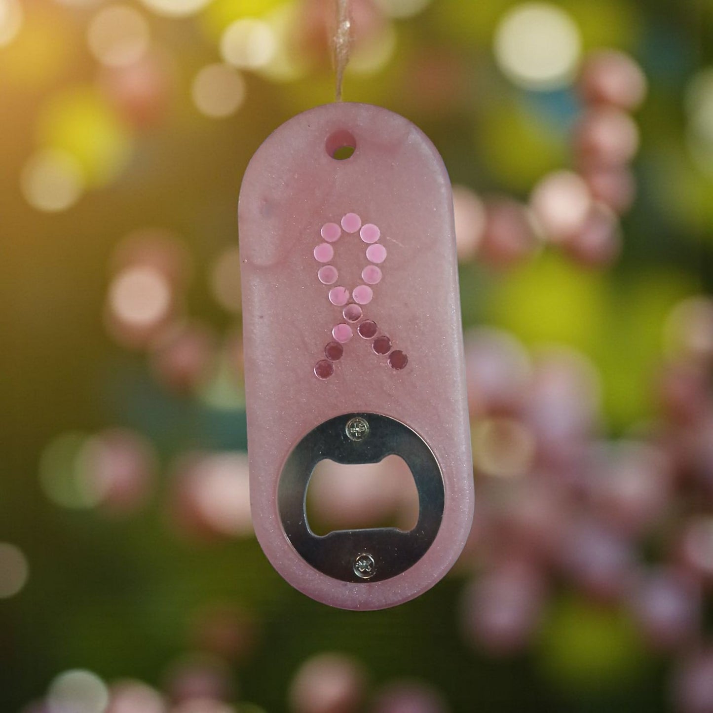 Pink bottle opener with a ribbon design against a blurred natural background